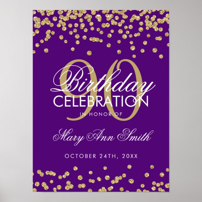 Gold 90th Birthday Glitter Confetti Purple Poster (Front)