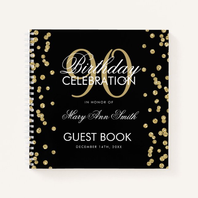 Gold 90th Birthday Guestbook Confetti Black Notebook (Front)
