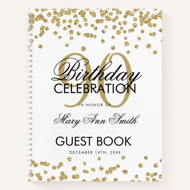 Gold 90th Birthday Guestbook Confetti Notebook (Front)