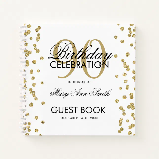 Gold 90th Birthday Guestbook Confetti Notebook | Zazzle