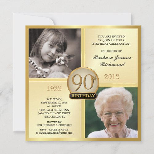 Gold 90th Birthday Invitations Then  Now 2 Photos