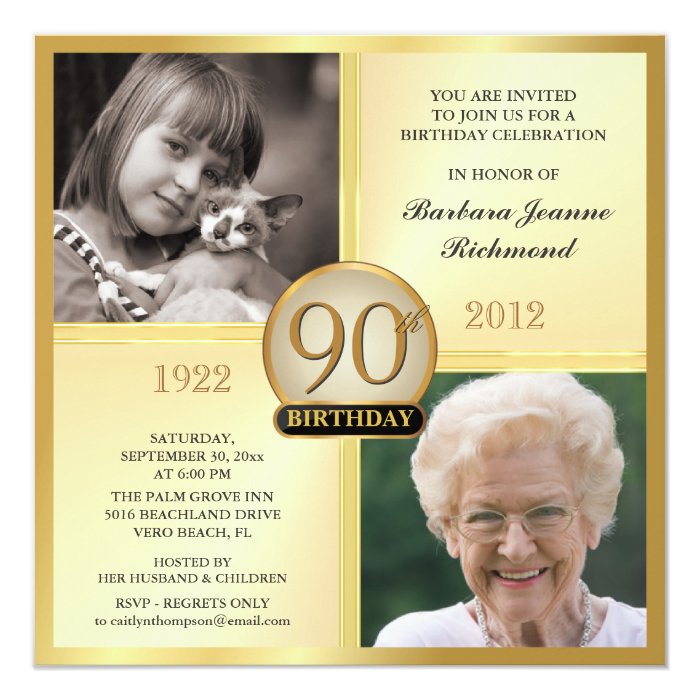 Gold 90th Birthday Invitations Then &amp; Now 2 Photos | Zazzle