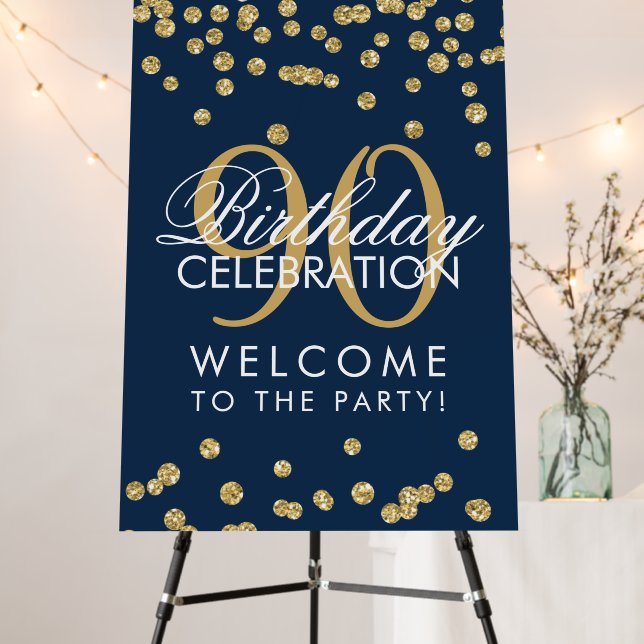 Gold 90th Birthday Party Glitter Confetti Navy Foam Board (In Situ (Stand))