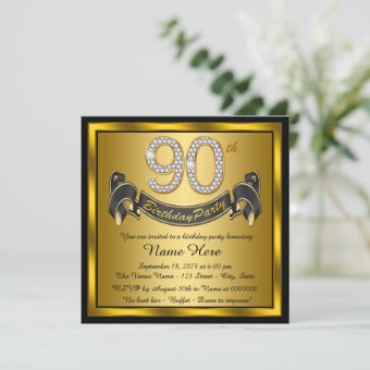 Gold 90th Birthday Party Invitation | Zazzle