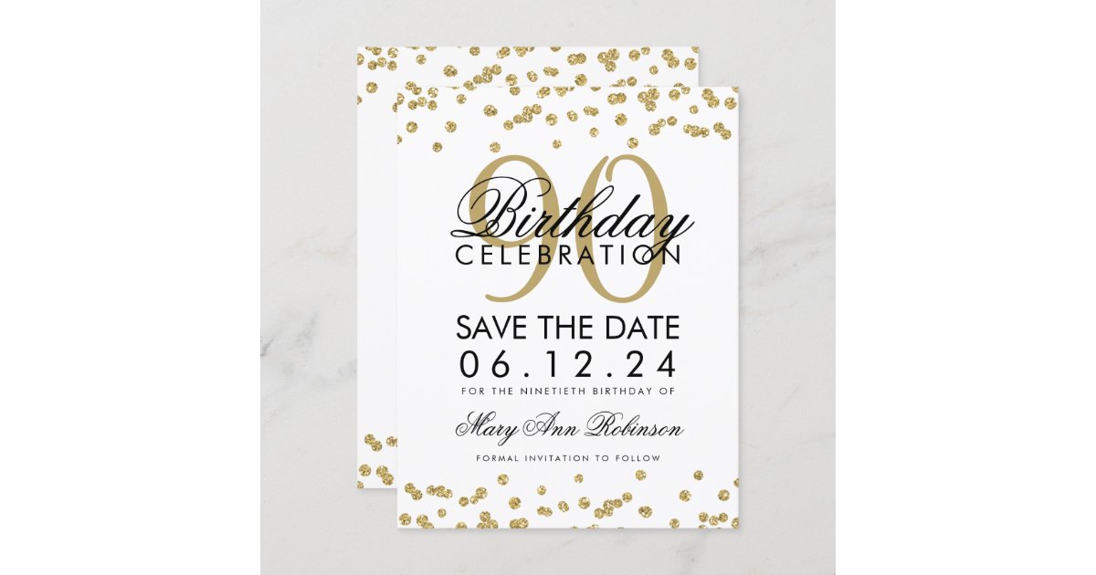 Gold 90th Birthday Save Date Confetti Invitation