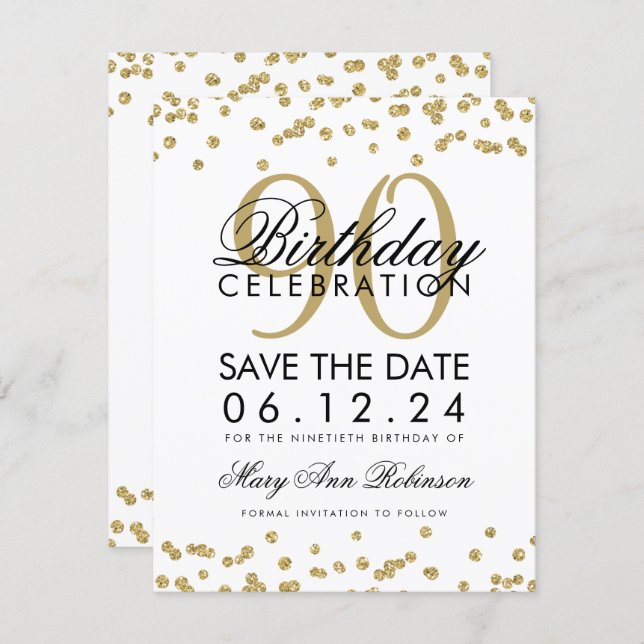 Gold 90th Birthday Save Date Confetti Invitation (Front/Back)