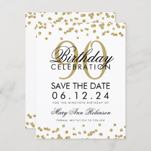 Gold 90th Birthday Save Date Confetti Invitation