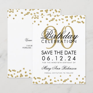 Gold 90th Birthday Save Date Confetti Invitation