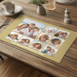 Gold 9 Photo Square Collage - with script white Cloth Placemat
