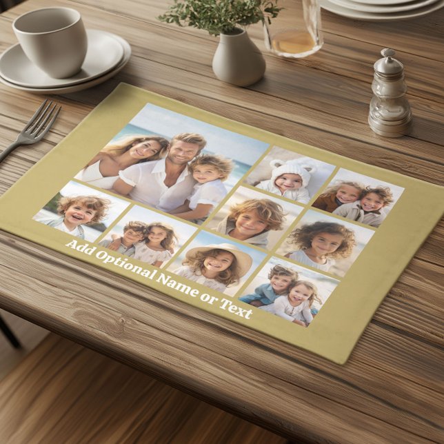 Gold 9 Photo Square Collage - with script white Cloth Placemat (Custom Cloth Placemat with Photo Collage)