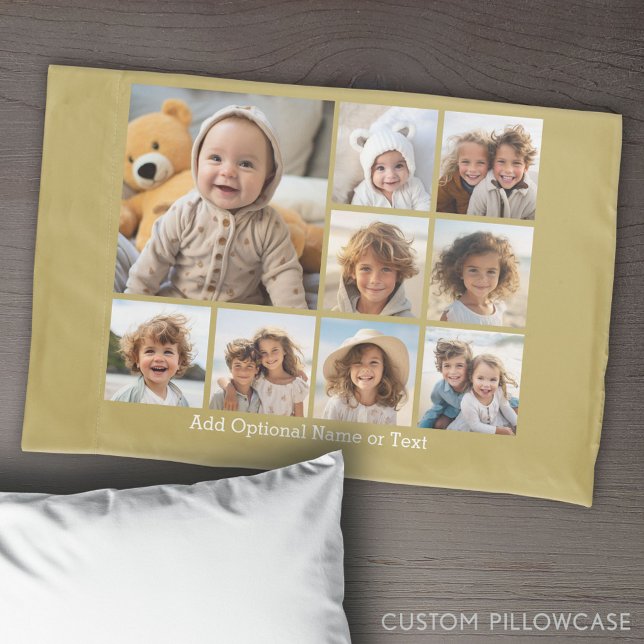 Gold 9 Photo Square Collage - with white text Pillow Case (Create Your Own Photo Collage Pillowcase)