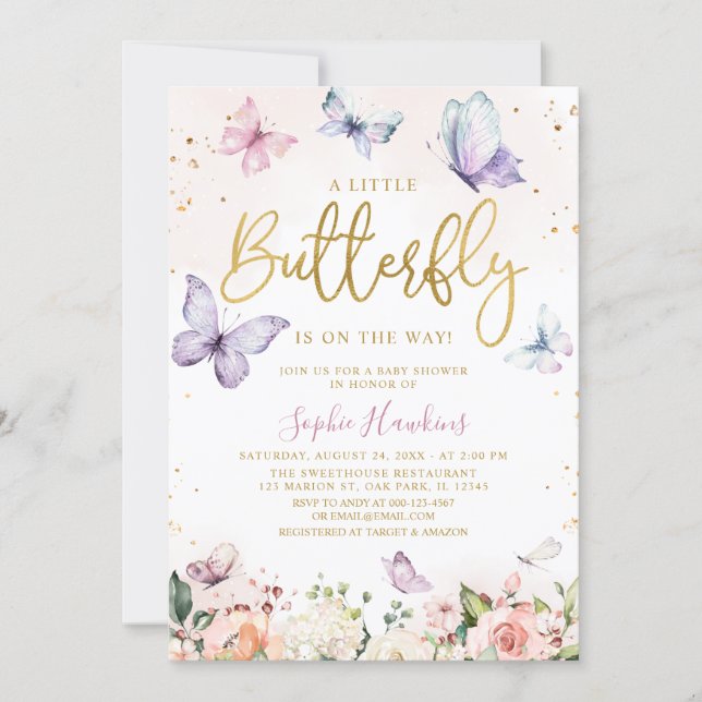 Gold A Little Butterfly Is On Her Way Baby Shower Invitation (Front)