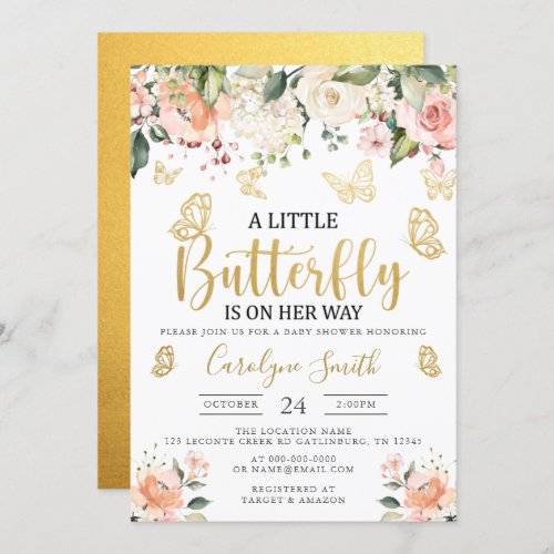 Gold A Little Butterfly Is On Her Way Baby Shower Invitation
