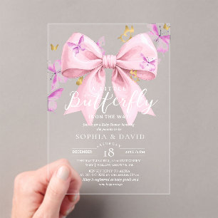 Gold A Little Butterfly  Pink Bow Baby Shower  Acrylic Invitations