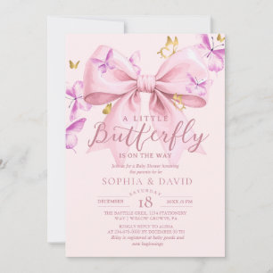 Gold A Little Butterfly  Pink Bow Baby Shower  Invitation