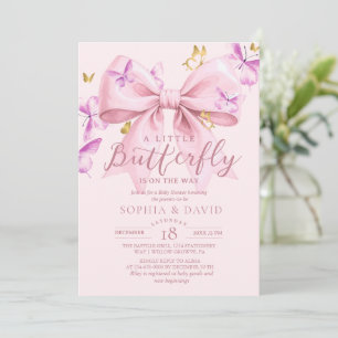 Gold A Little Butterfly Pink Bow Baby Shower Invitation