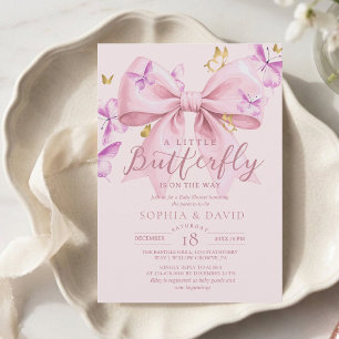 Gold A Little Butterfly Pink Bow Baby Shower Invitation