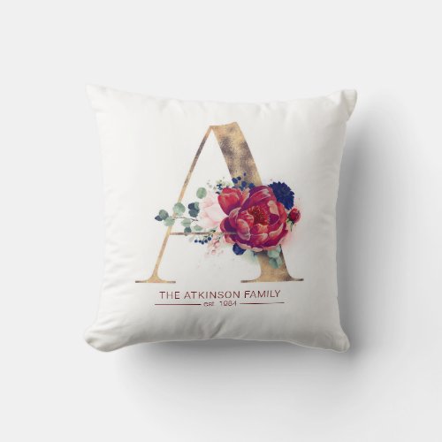 Gold A Monogram Floral Burgundy and Navy Blue Throw Pillow