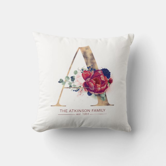 Gold A Monogram Floral Burgundy and Navy Blue Throw Pillow (Front)