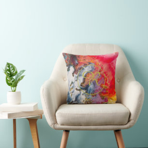 Gold Abstract Art Red, Violet Yellow Blue Monogram Throw Pillow