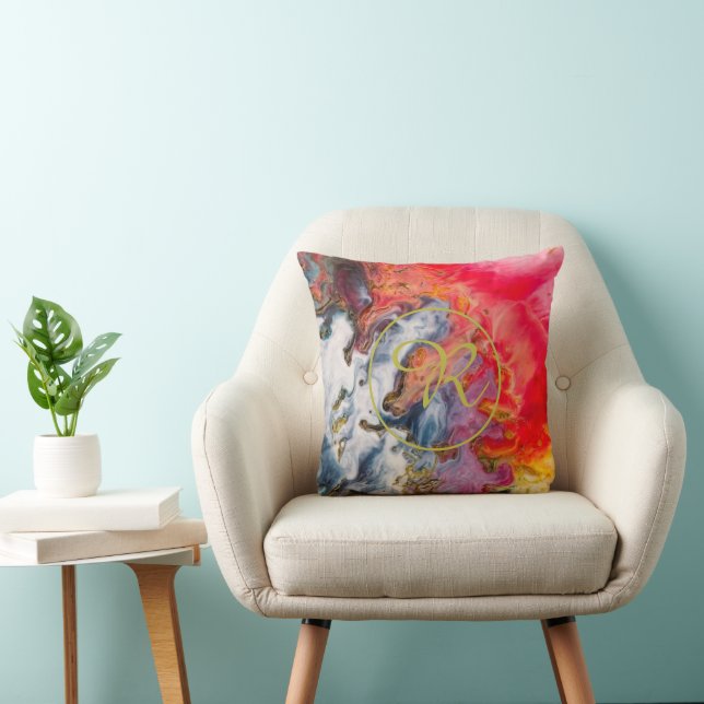 Gold Abstract Art Red, Violet Yellow Blue Monogram Throw Pillow (Chair)