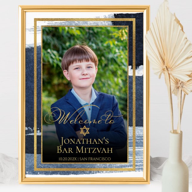 Gold Abstract Blue Bar Mitzvah Photo Welcome Sign (Creator Uploaded)