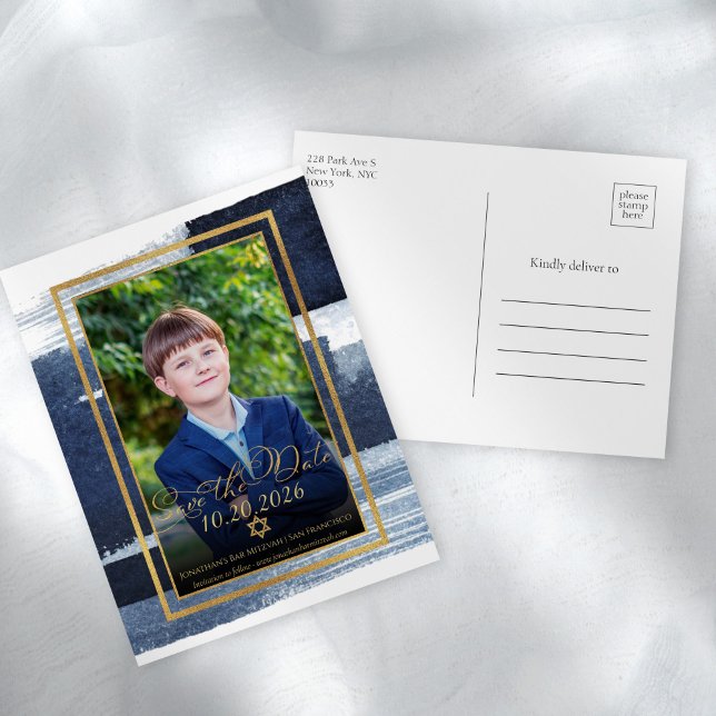 Gold Abstract Blue Photo Bar Mitzvah Save the Date Postcard (Creator Uploaded)