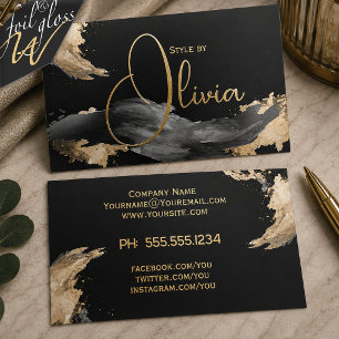 Gold Abstract Brushstrokes on Black  Foil Spot Gloss Business Cards