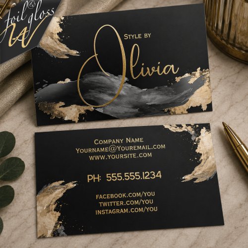 Gold Abstract Brushstrokes on Black  Foil Spot Gloss Business Cards
