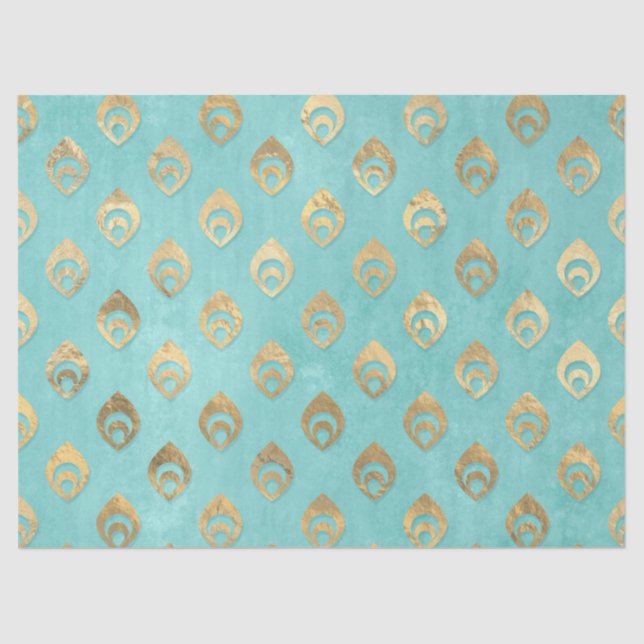 Gold Abstract Droplets on Aqua Decoupage Tissue Paper (Front)