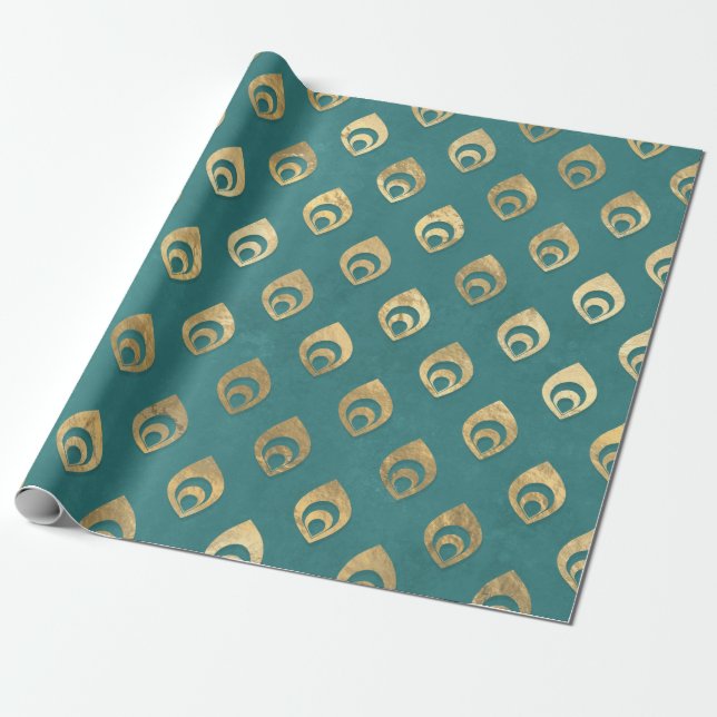 Gold Abstract Droplets on Teal Wrapping Paper (Unrolled)