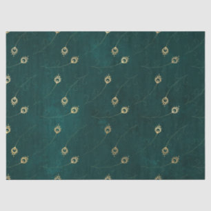 Gold Abstract Eye of Peacock Feathers on Green Tissue Paper