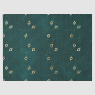 Gold Abstract Eye of Peacock Feathers on Green Tissue Paper