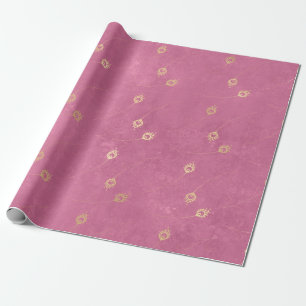 Gold Abstract Eye of Peacock Feathers on Pink Wrapping Paper