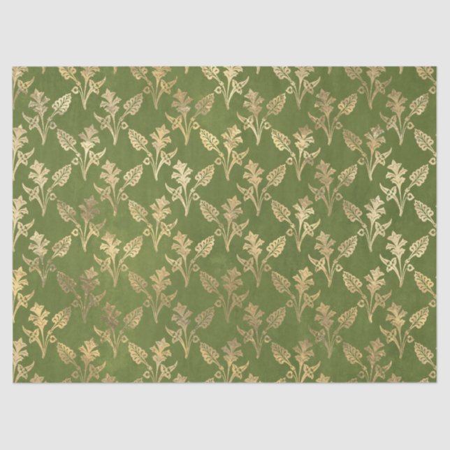 Gold Abstract Flowers on Green Decoupage Tissue Paper (Front)