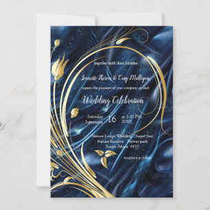 Gold abstract flowers on Simmery Blue Silk Invitation