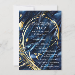Gold abstract flowers on Simmery Blue Silk Invitation