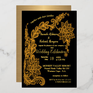 Gold abstract lace on Black Foil Invitation