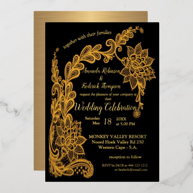 Gold  abstract lace on Black Foil Invitation (Front/Back)