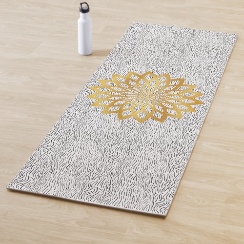 Gold Abstract Lotus Flower on Black Waves Pattern Yoga Mat