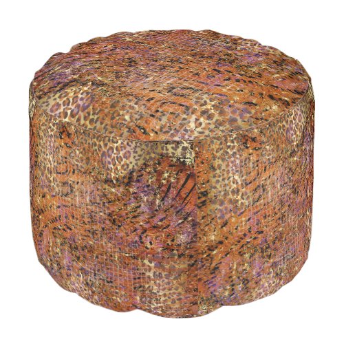 Gold Abstract Mixed Animal And Leopard Skin Pouf