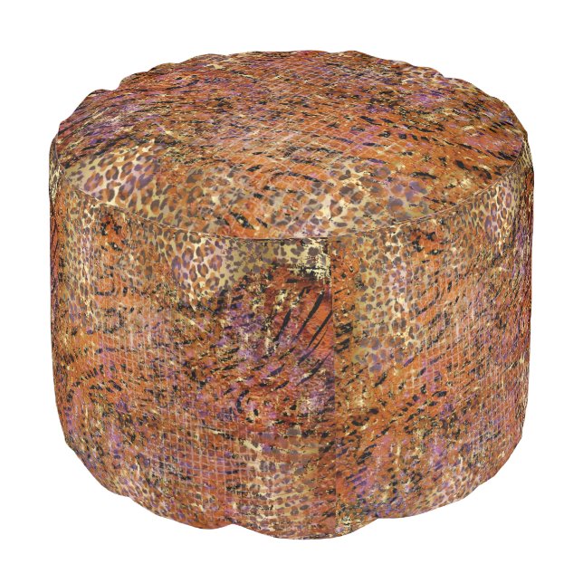 Gold Abstract Mixed Animal And Leopard Skin Pouf (Angled Front)