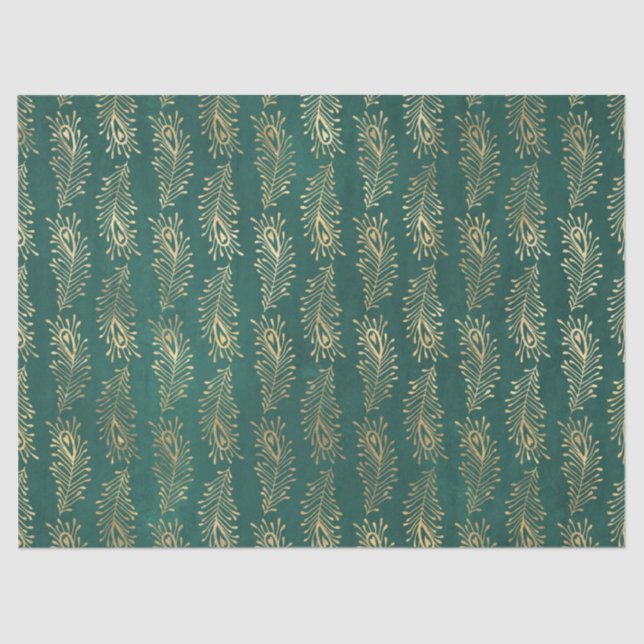 Gold Abstract Peacock Feathers on Green Decoupage Tissue Paper (Front)