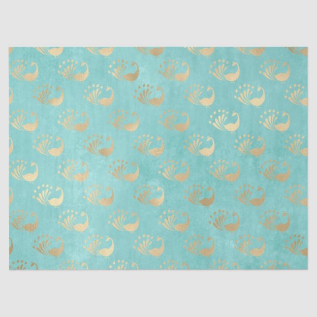 Gold Abstract Peacocks on Aqua Decoupage Tissue Paper (Front)