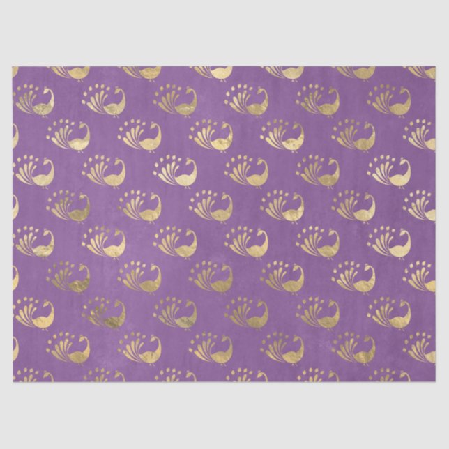 Gold Abstract Peacocks on Light Purple Decoupage Tissue Paper (Front)