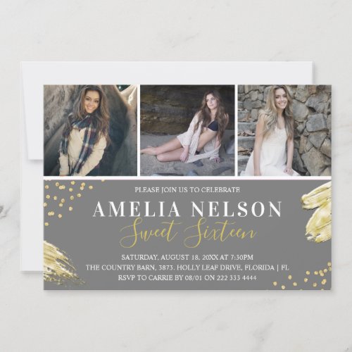 Gold Abstract Photo Collage Sweet 16 Birthday Invitation