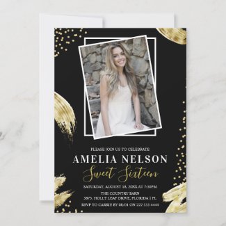 Gold Abstract Photo Sweet 16 Birthday Invitation