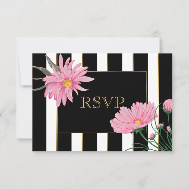 Gold Accent Black Stripes Pink Daisies RSVP (Front)