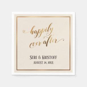 Gold Accent Happily Ever After Hearts Script Cream Napkins