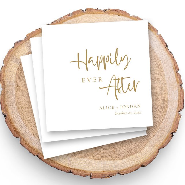 Gold Accent Happily Ever After Script Wedding Napkins (Personalized wedding napkins with elegant gold script)